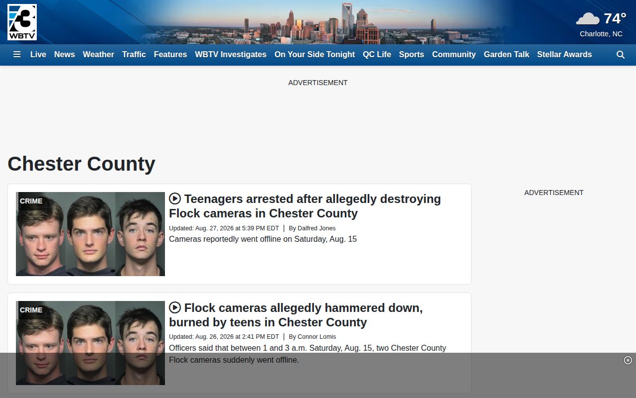 Chester County crime news, WBTV county news screenshot