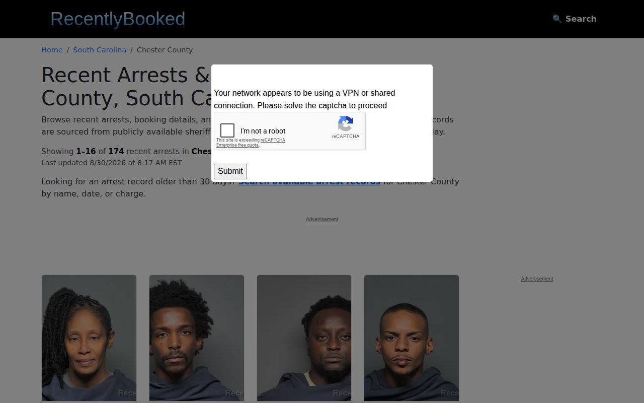 Chester County crime news, Recently Booked county section screenshot
