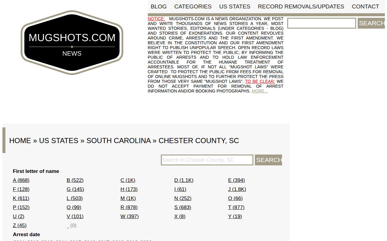 Chester County crime news, Mugshots.com county section screenshot
