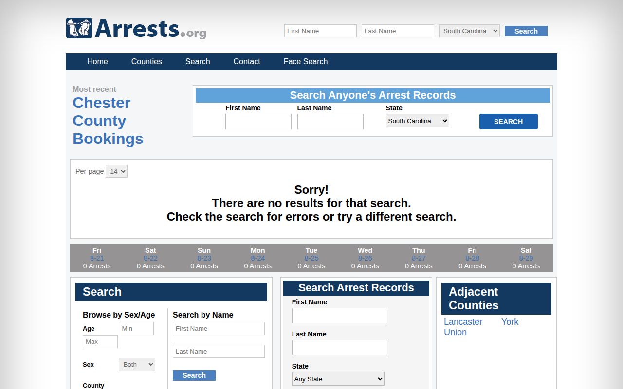 Chester County crime news, Arrests.org county section screenshot