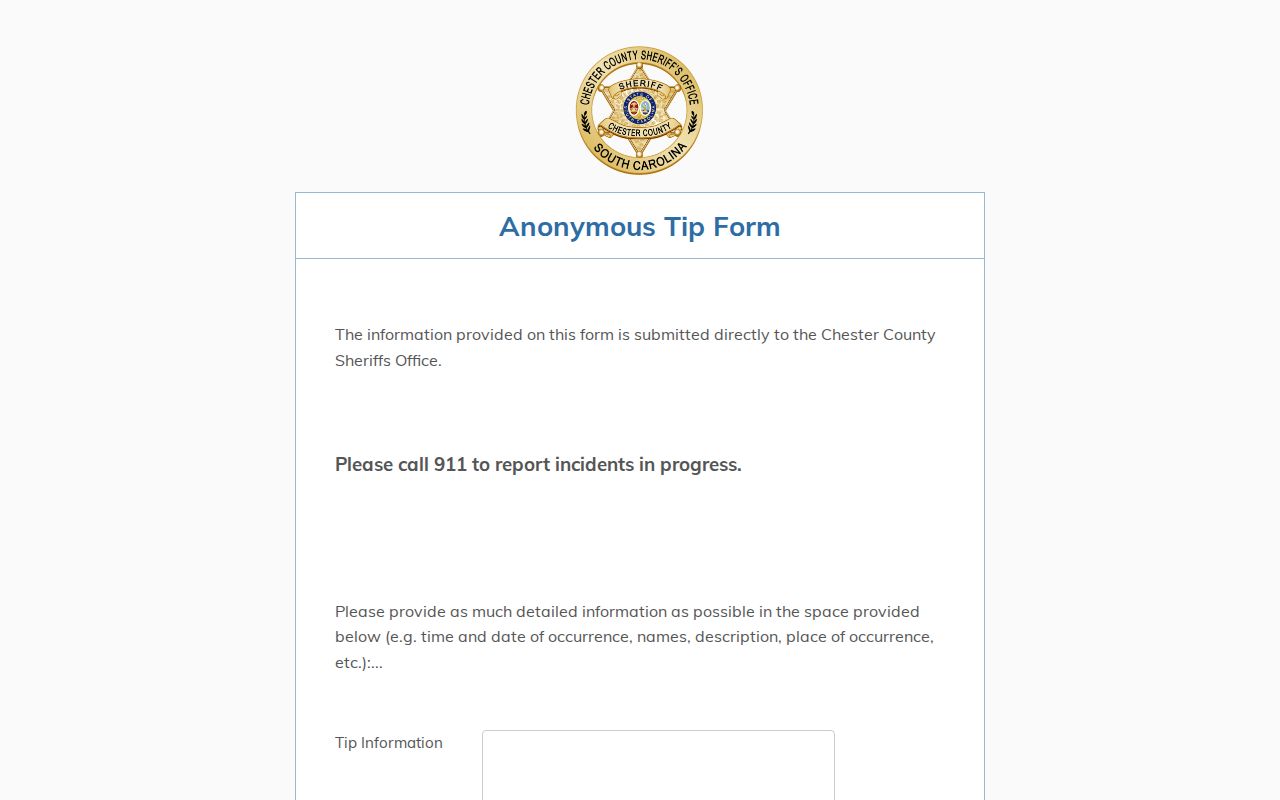 Chester County wanted-record tip route, CCSO anonymous tip form screenshot