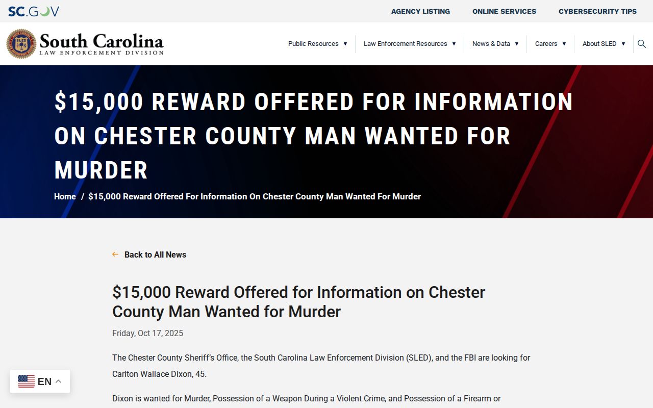 Chester County wanted-record context, SLED case-specific notice screenshot