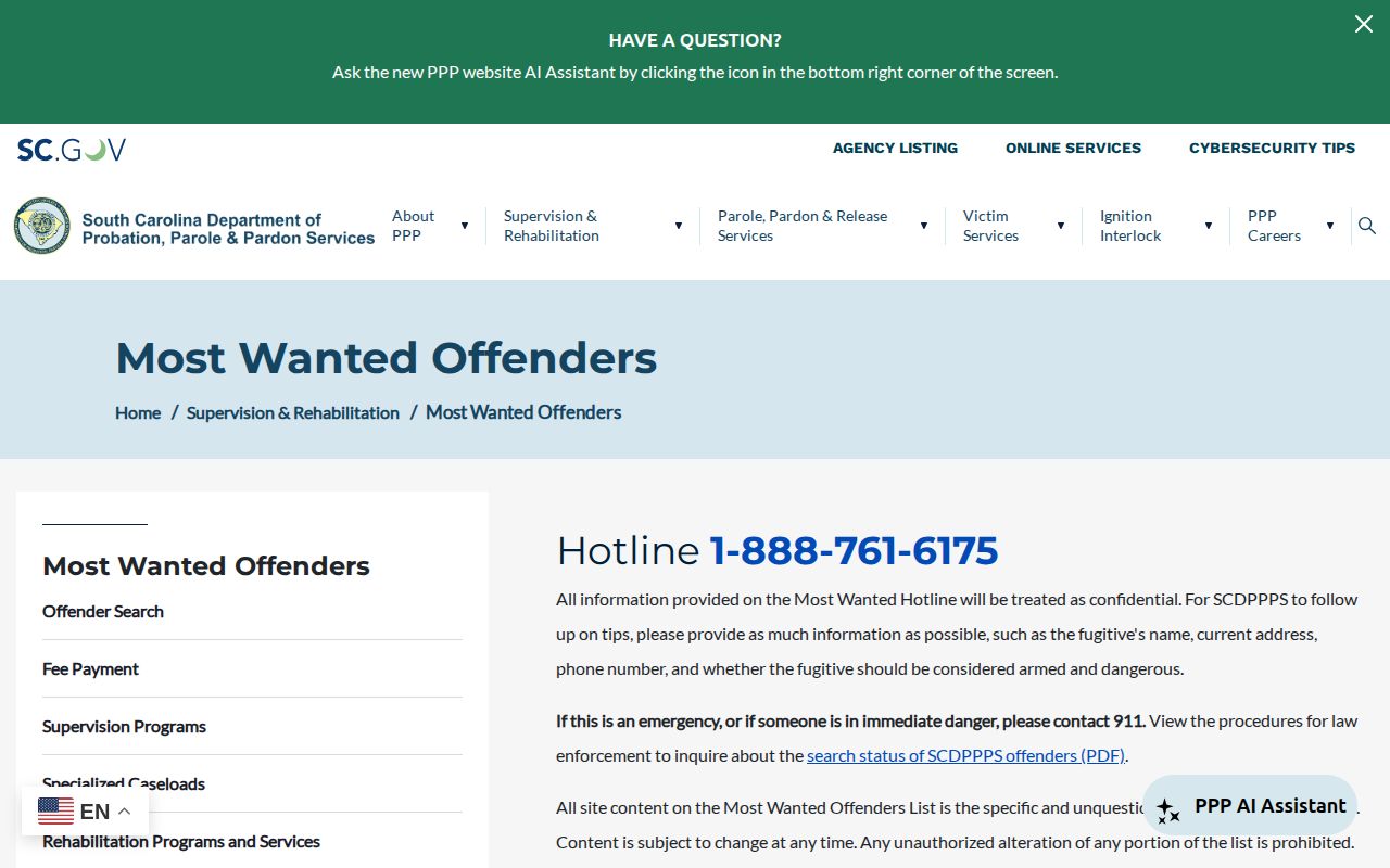 Chester County wanted-record fallback, SCDPPPS Most Wanted screenshot