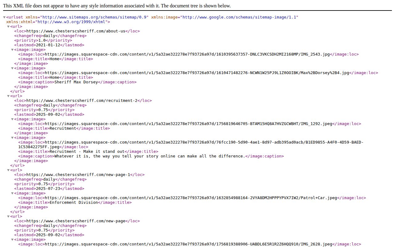 Chester County most wanted records, CCSO sitemap screenshot